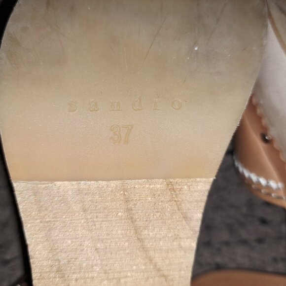 SANDRO-Audrey-Tan Leather-Contrast Stitch-Ankle Strap-Wood Heel-Sz 37/6.5-NM - Picture 9 of 9